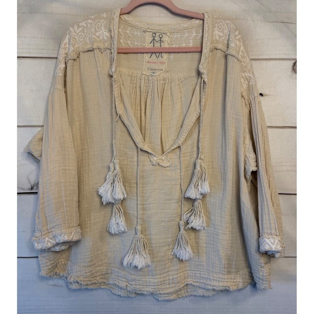 Johnny Was Cream Embroidered Gauze Tassel Blouse Top P11918-4 Beige Small